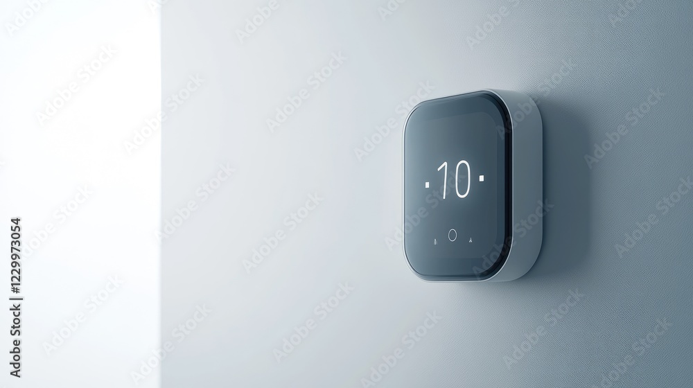 Close-up of a smart electric home thermostat with a digital display, against a white background. Close-up of a smart electric home thermostat with a digital display, against a white background.