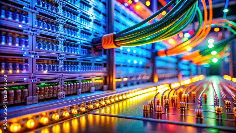 Fototapeta premium Tilt-shift's miniature world captures a high-tech data center's intricate network infrastructure, a futuristic digital landscape.