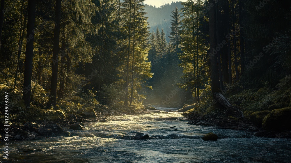Obraz premium Sunlit river flowing through a mountain forest