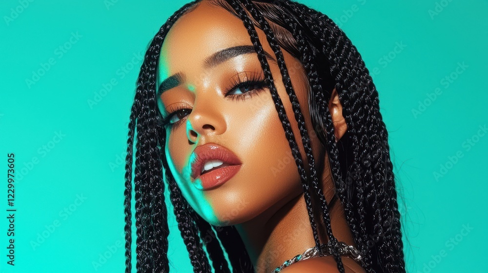 Portrait of a Young Woman with Braids Against Teal Background Portrait of a Young Woman with Braids Against Teal Background
