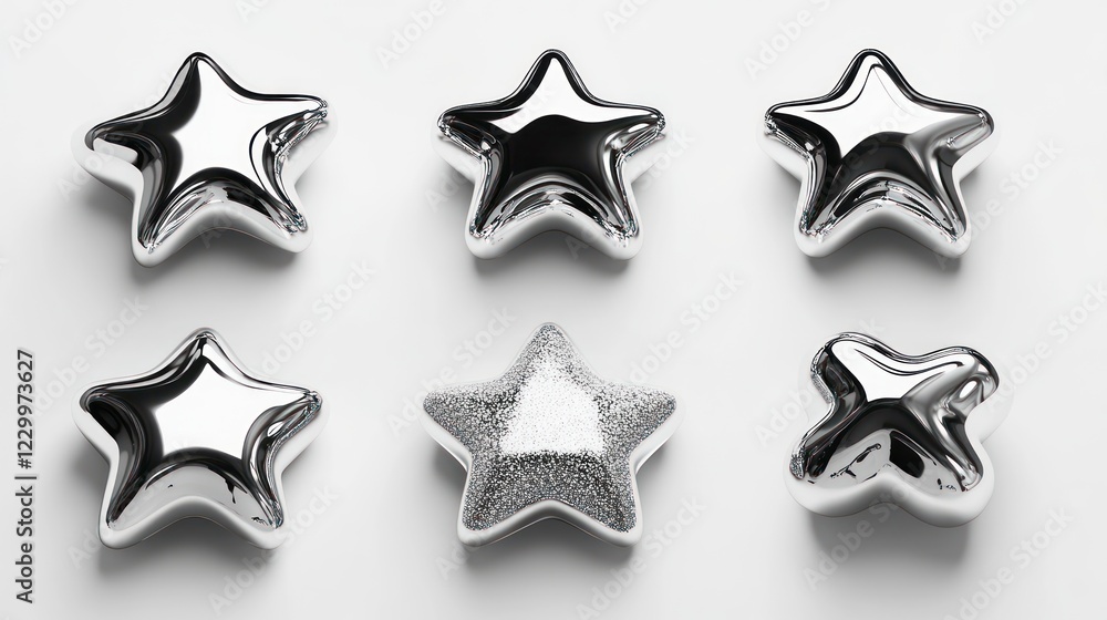 Obraz premium Six metallic silver stars, one damaged, on white background.