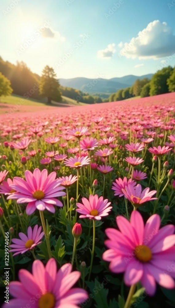 A sea of pink wildflowers stretching across a sunny landscape, daisy, field A sea of pink wildflowers stretching across a sunny landscape, daisy, field