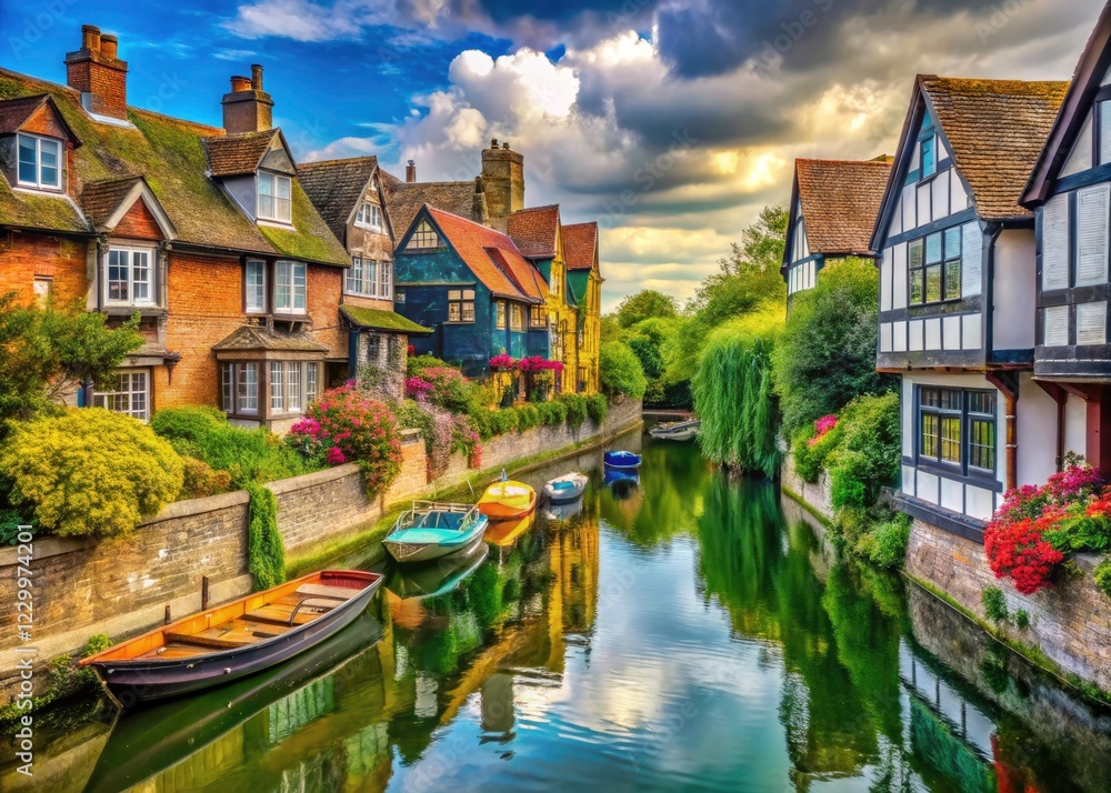 Obraz premium UK riverfront homes: candid photography reveals the beauty of Canterbury's Great Stour River and its idyllic setting.