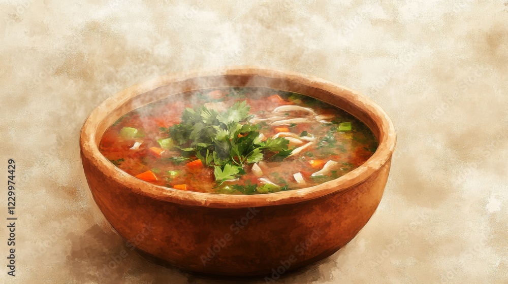 A steaming bowl of hearty soup, filled with vegetables and noodles, garnished with fresh herbs, placed on a light textured background for an inviting look A steaming bowl of hearty soup, filled with vegetables and noodles, garnished with fresh herbs, placed on a light textured background for an inviting look