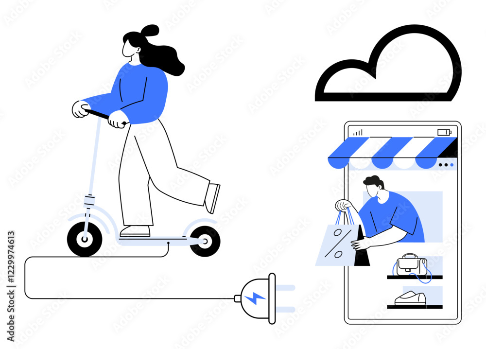 Person on an electric scooter connected to a power plug beside a giant mobile shopping window. Ideal for e-commerce, urban mobility, technology, sustainable living, digital transformation Person on an electric scooter connected to a power plug beside a giant mobile shopping window. Ideal for e-commerce, urban mobility, technology, sustainable living, digital transformation