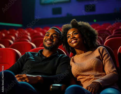 Pareja afroamericana sentada en asientos de cine iluminados por luces coloridas de la pantalla
 photo