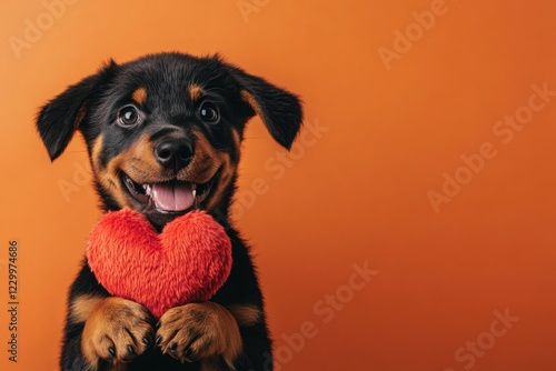 Digital ads conceptual art. Cute rottweiler doggy with fluffy red heart - symbol of love, funny greeting card. Rottweiler - my treasured dog. Valentine's cards for dog lovers. Romantic pets. photo