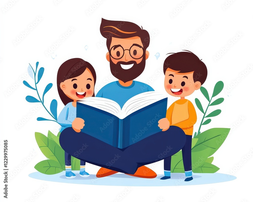 Happy Father Reading Storybook with Two Children in Joyful Scene Happy Father Reading Storybook with Two Children in Joyful Scene