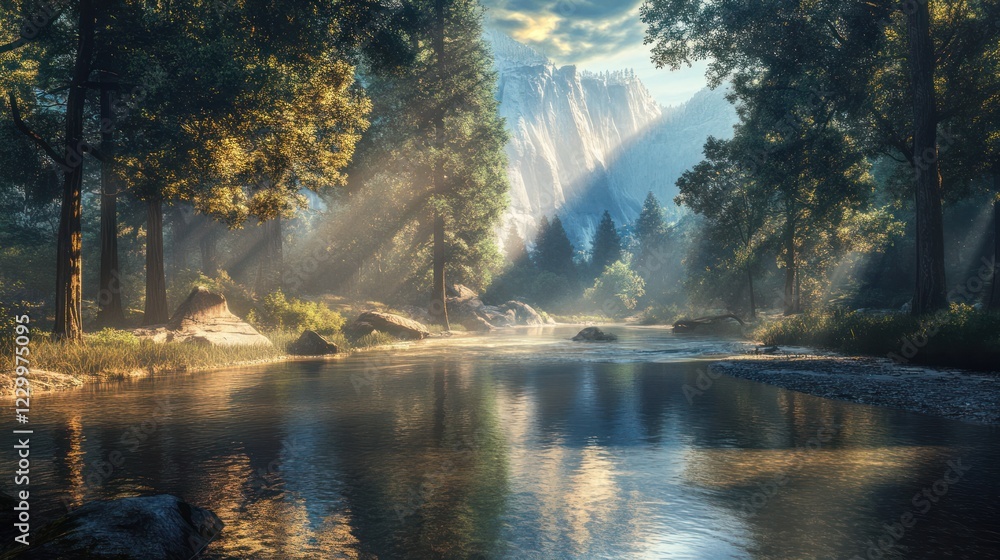 Sunlit river flows through misty forest, mountains backdrop, nature scene Sunlit river flows through misty forest, mountains backdrop, nature scene
