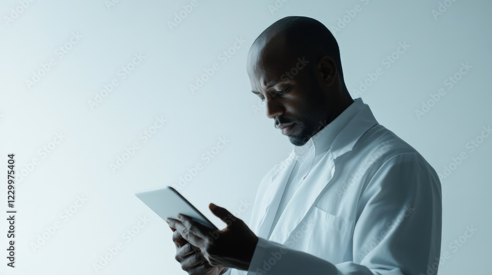 Medical Professional Examining Data on Tablet in Modern Lab Setting Medical Professional Examining Data on Tablet in Modern Lab Setting