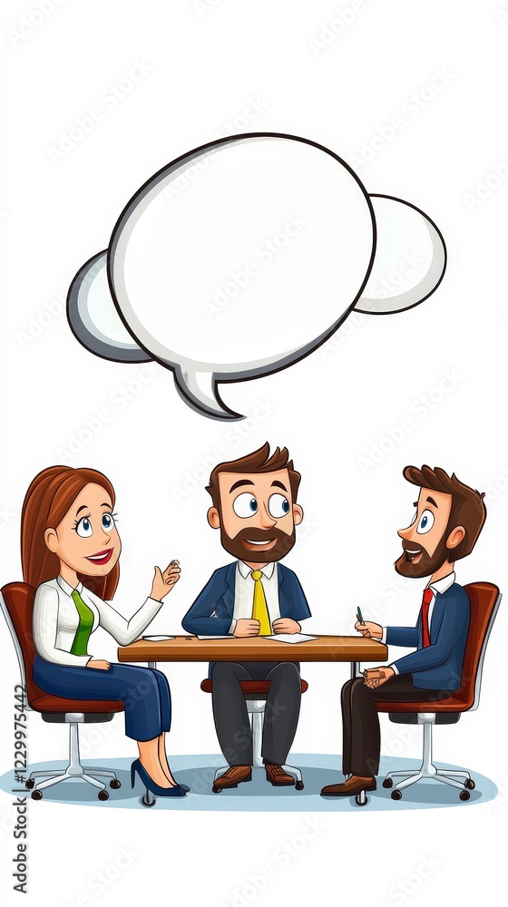 Three Business People Engaging in Discussion with Speech Bubble Three Business People Engaging in Discussion with Speech Bubble