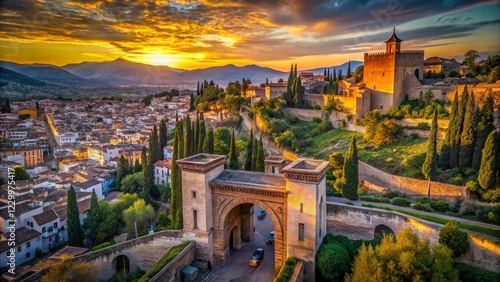 Alhambra Granada Spain Aerial Drone View Puerta de las Granadas Arch Entrance