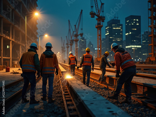 Trabajadores nocturnos en una obra en construcción