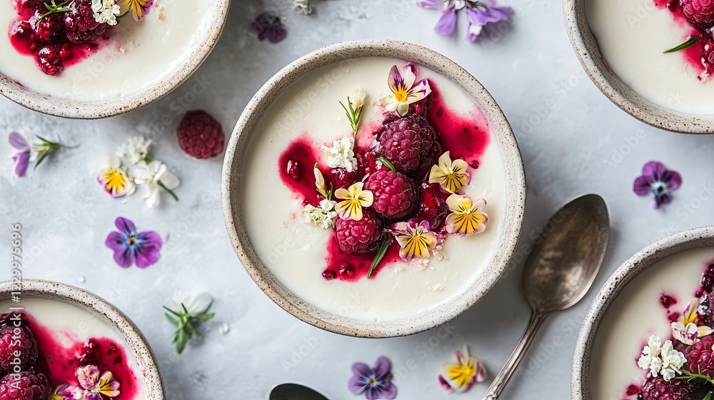 A delicate panna cotta topped with a glossy raspberry glaze and edible flowers. picture A delicate panna cotta topped with a glossy raspberry glaze and edible flowers. picture