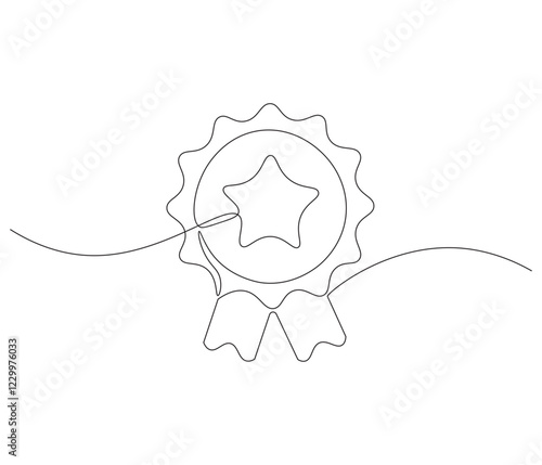 Winning badge in one continuous line drawing. Symbol of a winner. Award winning ribbon in simple linear style. Editable stroke. Doodle line illustration