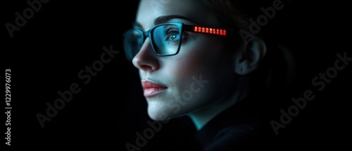 A profile of a woman wearing futuristic glasses, illuminated in a dark setting.
