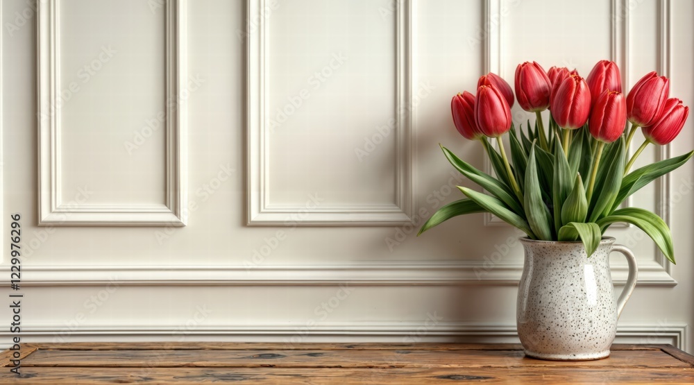 Romantic floral scene with vibrant red tulips on a wooden table, bright and fresh spring flowers, illuminated by natural light against a stylish background with classic moldings Romantic floral scene with vibrant red tulips on a wooden table, bright and fresh spring flowers, illuminated by natural light against a stylish background with classic moldings