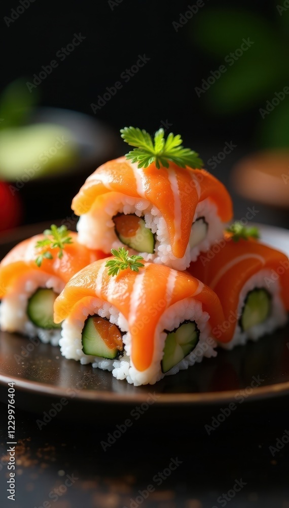 Perfectly formed hosomaki sushi arranged in a pyramid shape , photo, fresh, ginger Perfectly formed hosomaki sushi arranged in a pyramid shape , photo, fresh, ginger