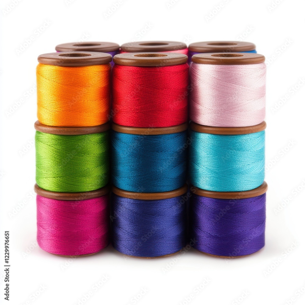 Close-up view of a colorful collection of sewing threads arranged in various shades and textures on a flat surface Close-up view of a colorful collection of sewing threads arranged in various shades and textures on a flat surface