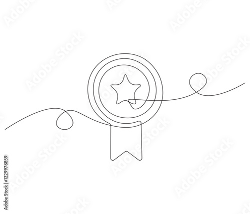 Winning badge in one continuous line drawing. Symbol of a winner. Award winning ribbon in simple linear style. Editable stroke. Doodle line illustration