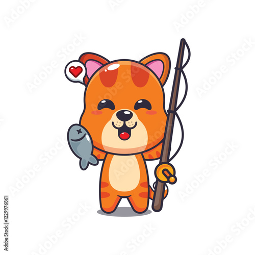 cat mascot cartoon character vector illustration catching fish with fishing rod.