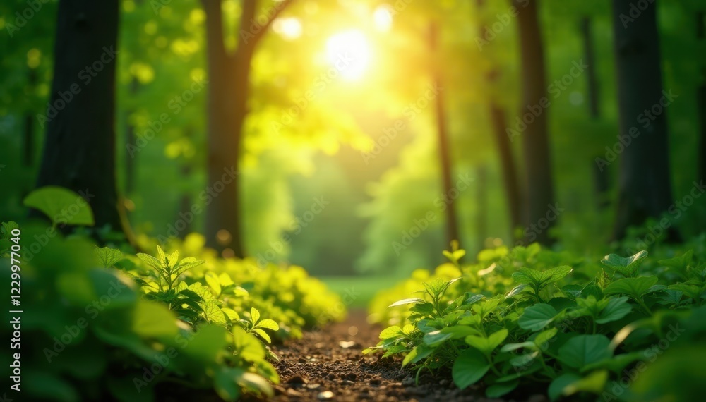 Fototapeta premium Sunlit forest, blurred background, vibrant greens, depth of field, trees