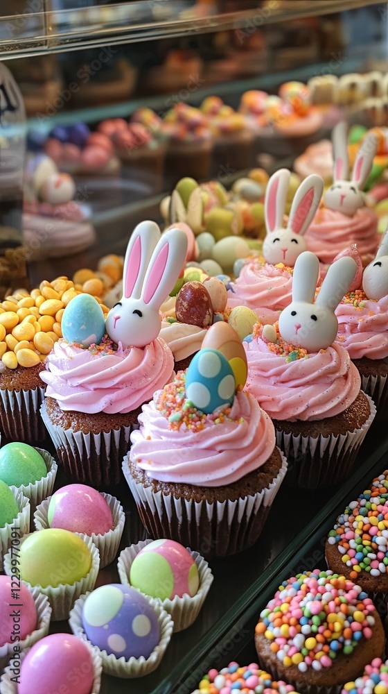 A display of Easter cupcakes topped with bunny ears and candy eggs. picture A display of Easter cupcakes topped with bunny ears and candy eggs. picture