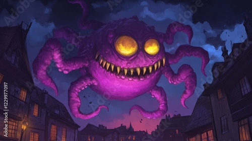 Gigantic Purple Monster Looms Over Dark Victorian Cityscape