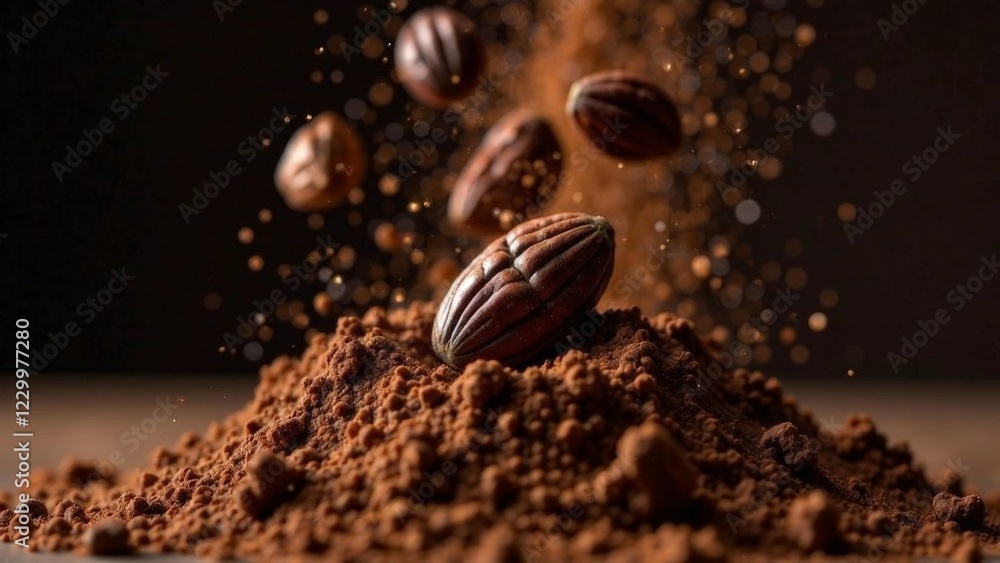 A pile of chocolate covered nuts and beans. Concept of indulgence and luxury, as the chocolate and nuts are often associated with high-end desserts and snacks A pile of chocolate covered nuts and beans. Concept of indulgence and luxury, as the chocolate and nuts are often associated with high-end desserts and snacks