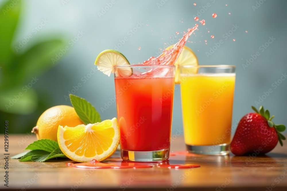 Freshly squeezed juice splashes on the table top, mess, liquids, juice splash
