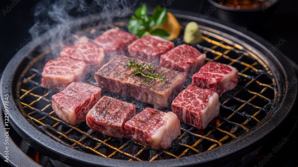 A tempting image of marbled steak cuts on a grill, sizzling and surrounded by smoke, capturing the deliciousness of cooking fresh meat A tempting image of marbled steak cuts on a grill, sizzling and surrounded by smoke, capturing the deliciousness of cooking fresh meat