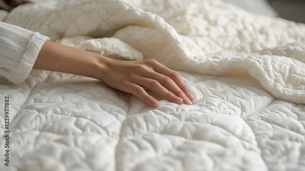 Person Stretching Comfortably on a Soft Mattress with White Bedding Person Stretching Comfortably on a Soft Mattress with White Bedding