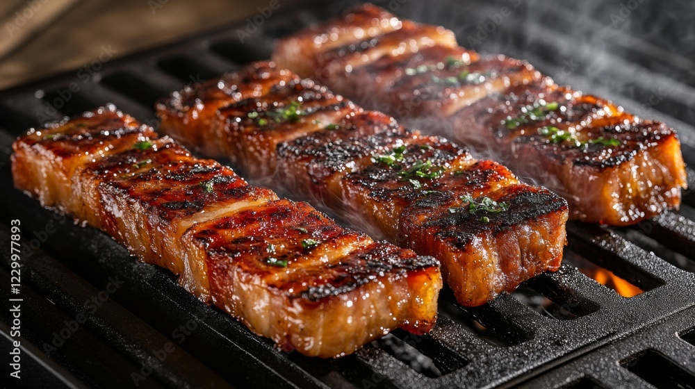 A tempting image of pork belly skewers grilling over an open flame, with smoke rising and a charred exterior, evoking a summer barbecue atmosphere A tempting image of pork belly skewers grilling over an open flame, with smoke rising and a charred exterior, evoking a summer barbecue atmosphere