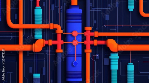 Colorful Abstract Illustration of Pipes and Connections in Blue and Orange