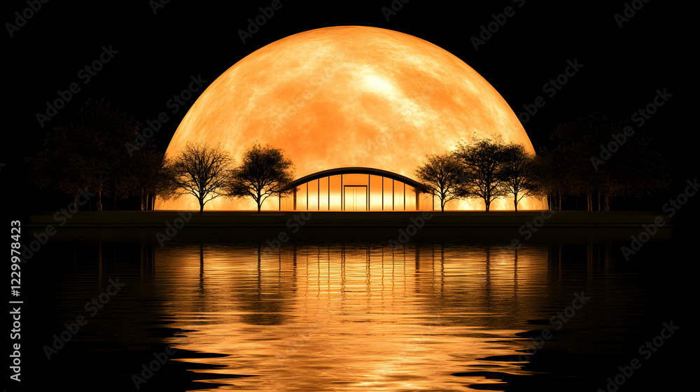 Fototapeta premium Futuristic mansion on the planet Mars. It is surrounded by an energy dome that protects it from any attack. Concept art