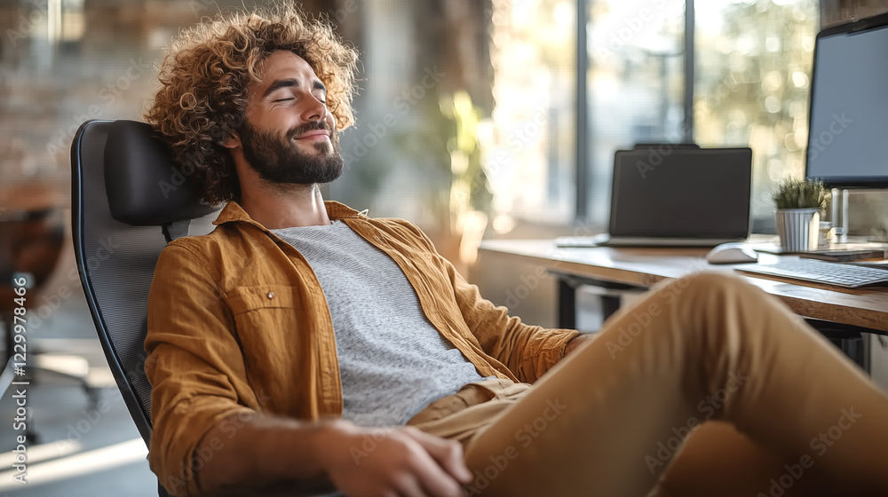 Fototapeta premium Handsome young man with curly hair is relaxing in the office