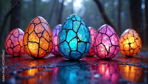 Stained Glass Easter Eggs with Vibrant Colors and Glowing Reflections