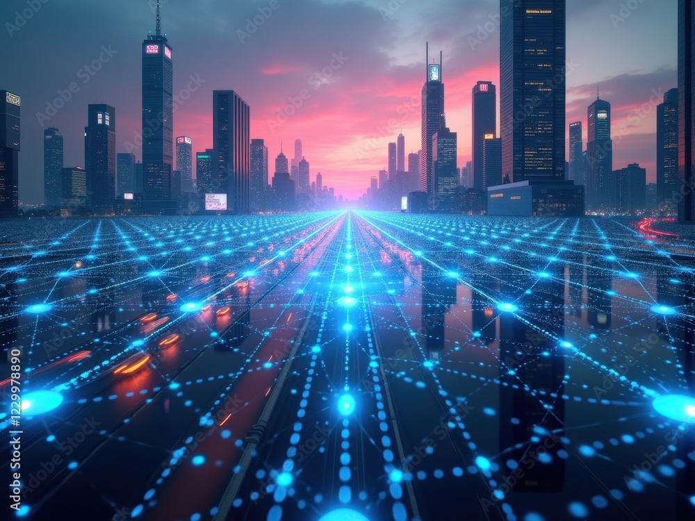 Exploring the intersection of blockchain technology and cybersecurity in an urban landscape at dusk Exploring the intersection of blockchain technology and cybersecurity in an urban landscape at dusk