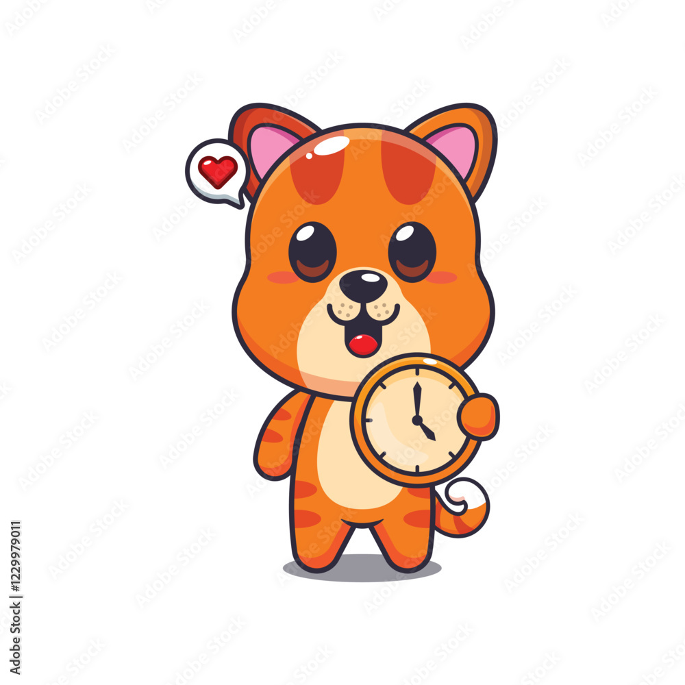 cat mascot cartoon character vector illustration with clock. cat mascot cartoon character vector illustration with clock.