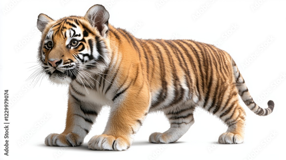 Obraz premium Vibrant tiger cub playfully strolling in a studio environment wildlife photography close-up view celebrating nature's beauty
