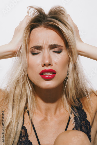 Tableau sur toile emotions and feelings concept - beautiful blonde in delicate lingerie, moaning i