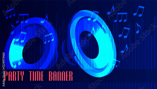 Horizontal special offer music party background with music speakers and notes flying, cover, site presentation in HD format. UI template layout for web design of internet advertising. Vector banner