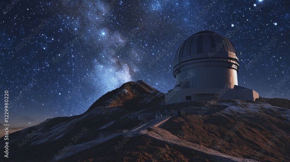 Obraz premium A space observatory with state-of-the-art telescopes and astronomical instruments, remote mountain peak with stars visible in the night sky, High-tech style