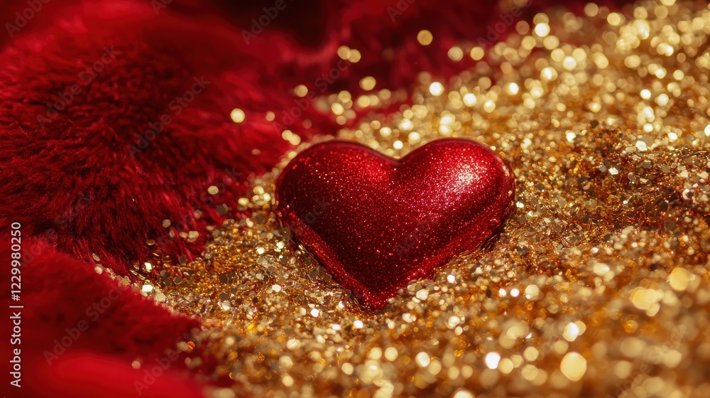 Fototapeta premium A close-up of a shiny red heart nestled in a pile of golden glitter on a luxurious red velvet surface.