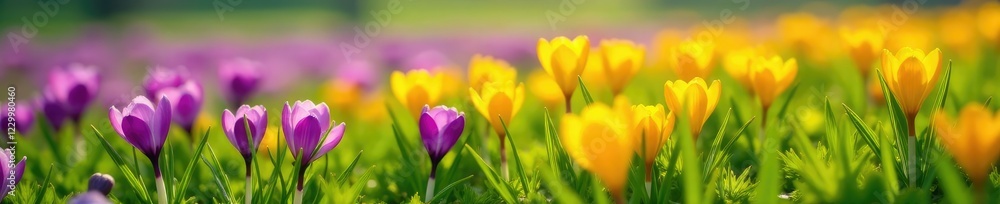 Saffron crocus fields in the spring with green grass, green, agriculture, field