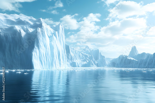 Landscape of Iceberg and water glacier cover by white snow with sky sunlight during morning. Highlighting majestic ice formations and serene atmosphere. Melting and pouring water into sea. photo