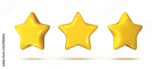 3d realistic vector icon. Yellow cartoon style shiny star in front view and side view. Isolated.