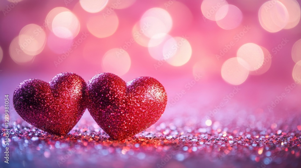 A flat lay of red hearts and glitter sprinkles with soft focus on a vibrant, gradient pink background. A flat lay of red hearts and glitter sprinkles with soft focus on a vibrant, gradient pink background.