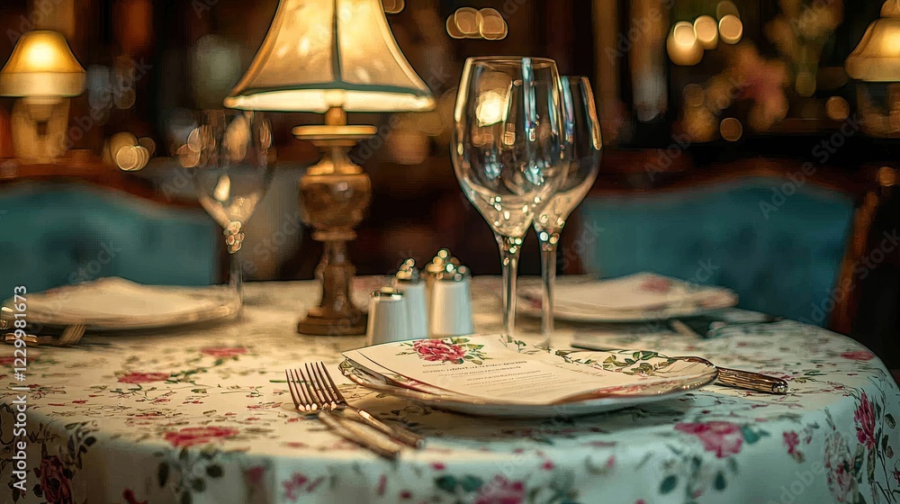Fototapeta premium Elegant dinner setting with wine glasses romantic restaurant table decor cozy atmosphere close-up view fine dining