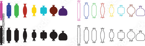 Sweets and candy icon set. Chocolate bars, caramel, toffee and lollipop on sticks, marmalade bears. Confectionery shop elements for birthday kids present cartoon flat isolated vector collection.
